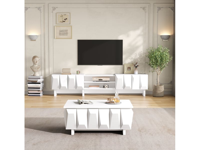  Ensemble meuble tv et table basse blancs avec rangements en panneaux de particules  - Conforama D