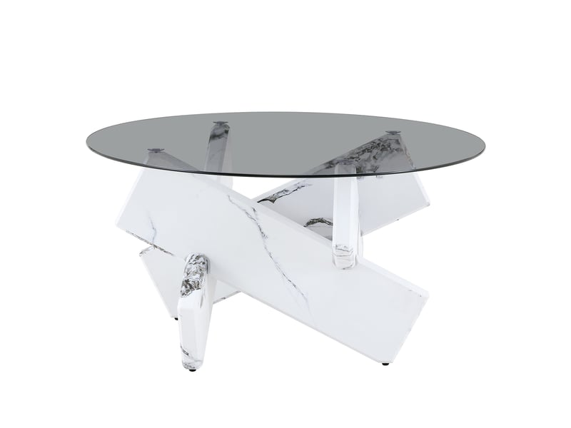  Table basse ronde avec plateau en verre trempé et piètement sculptural, style moderne, en mdf et verre, blanc  - Conforama A