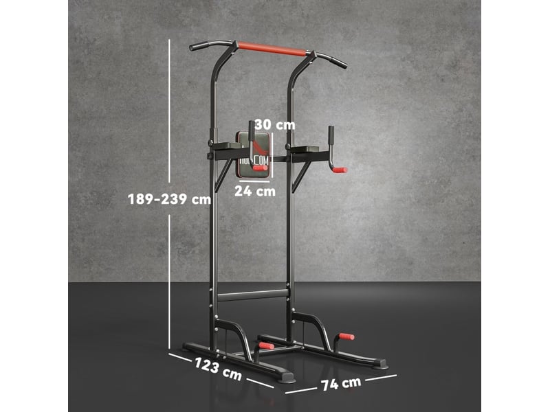  Tour de traction et station de dips réglable 123x98x239 cm avec barre de traction, métal, rouge et noir  - Conforama E