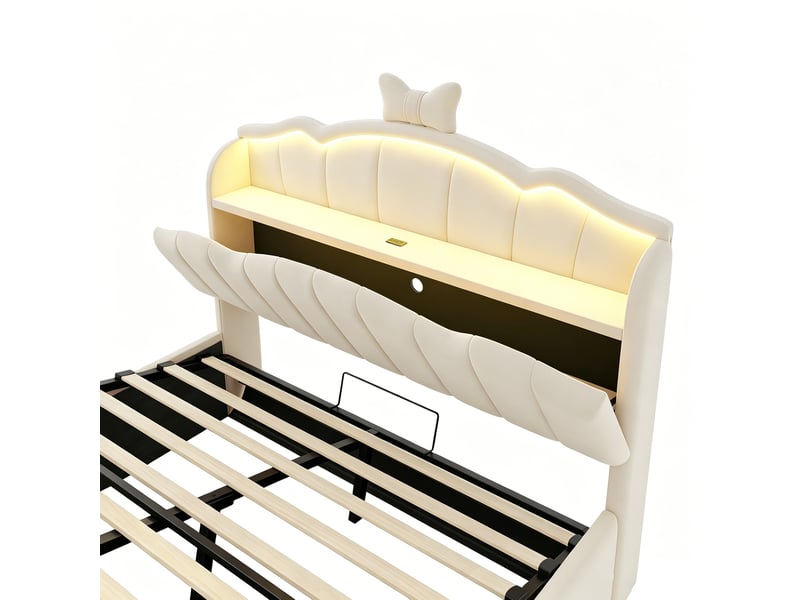  Lit coffre enfant 140x200 cm avec éclairage led, métal et mdf, beige sans matelas  - Conforama E