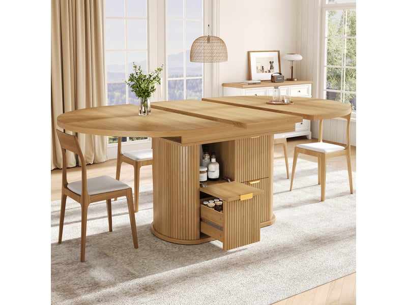  Table à manger ovale extensible 118-158x118 cm pour 4 à 6 personnes, 2 portes rabattables, 2 tiroirs de rangement, façade rainurée, effet chêne clair  - Conforama C