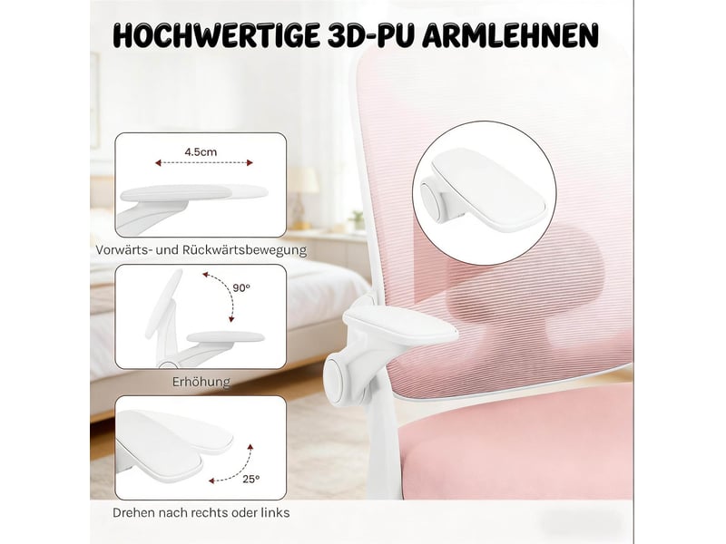  Chaise de bureau ergonomique avec dossier inclinable, appui-tête réglable et accoudoirs 3d en mesh rose  - Conforama E