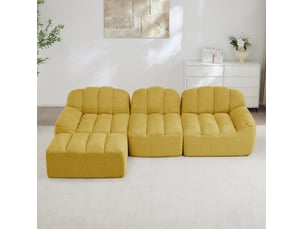 Canapé d'angle modulaire 3 places jaune en tissu bouclette avec ottoman, sans montage pour votre salon
