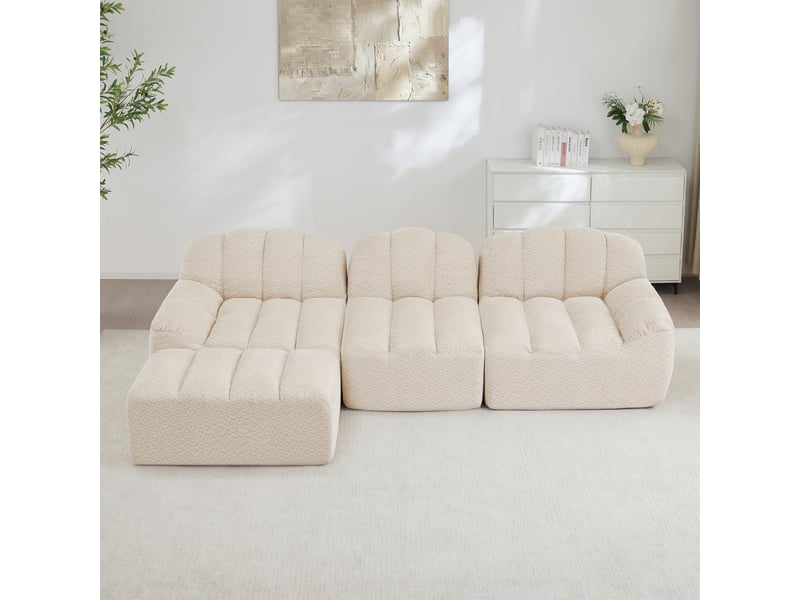 Canapé d'angle modulaire 3 places avec ottoman et assise profonde en fleece granuleux, beige blanc - Conforama C