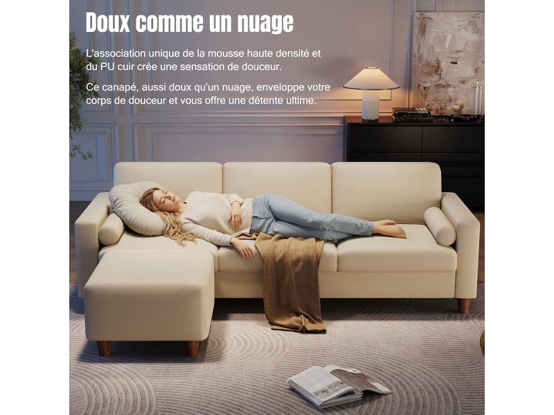 Canapé 3 places en cuir pu, 234 cm avec repose-pieds et 2 coussins, capacité 365kg, pieds bois massif 234x87x88 - Conforama W