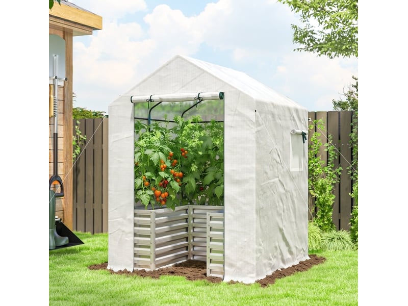  Serre de jardin avec bac surélevé 141 x 141 x 190 cm – blanche – aération réglable et porte enroulable  - Conforama B