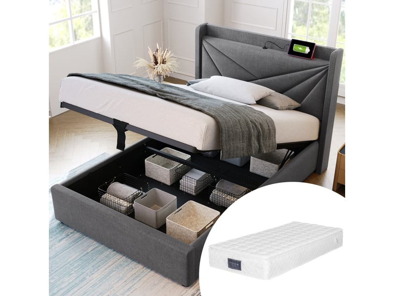  Lit avec rangement 90 × 200 cm 1 place, usb et type-c, avec matelas, tête de lit en tissu gris  - Conforama C