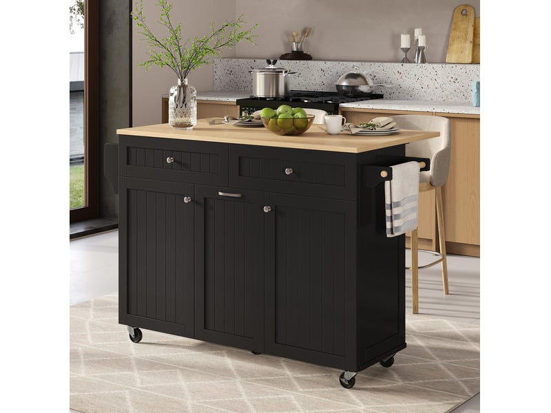 Îlot cuisine mobile 139,5x40-70x92 cm roulettes frein, plateau extensible, tiroirs à 2 niveaux, en mdf, noir+naturel - Conforama D