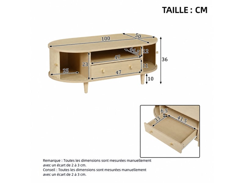  Table basse ovale avec tiroir et portes à rideau, mdf et placage bois, 100 x 50 x 36 cm, coloris chêne  - Conforama C