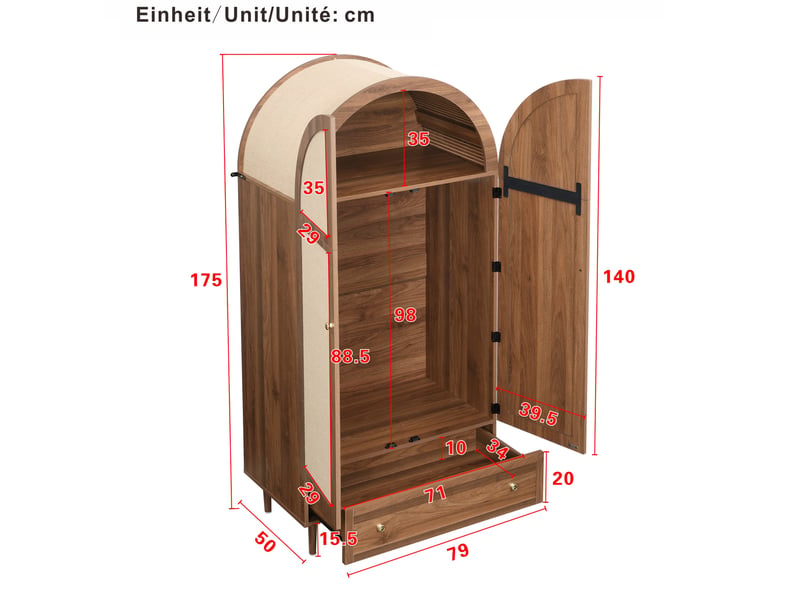 Armoire avec portes revêtues de tissu, tringle, étagères et tiroir pour chambre, en mdf aspect noyer, 79 × 50 × 175 cm  - Conforama D