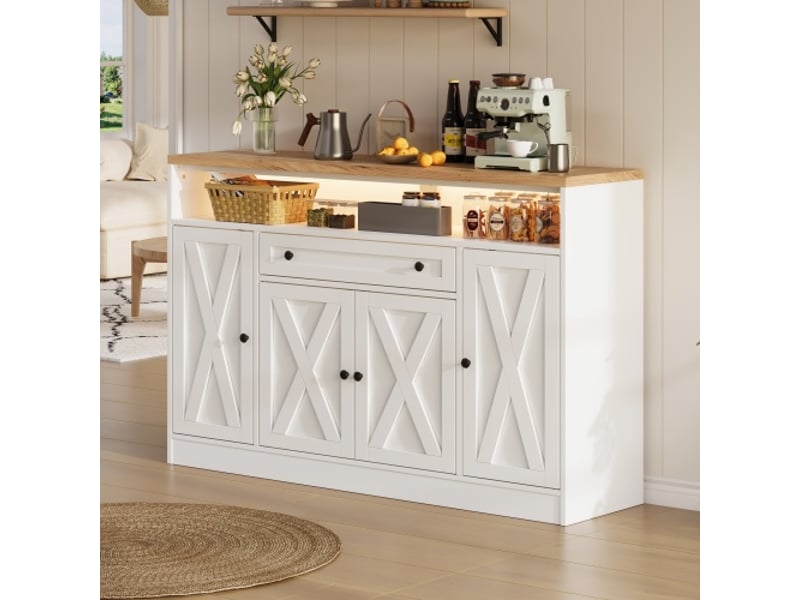 Buffet 140x35x95 cm blanc, 4 portes style grange, tiroir, rangements de porte et led rgb avec application, mdf - Conforama A