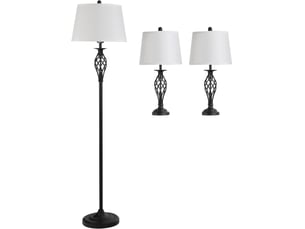 Set de 3 lampes vintage noir et blanc en métal et coton, 2 lampes de table et 1 lampadaire e27