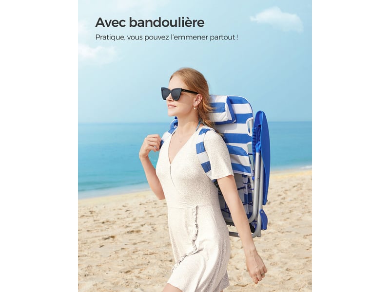  Chaise de plage pliante aluminium avec oreiller pliable inclinable portable comme sac à dos chaise d’extérieur rayure bleue et blanche 12_0004890  - Conforama D