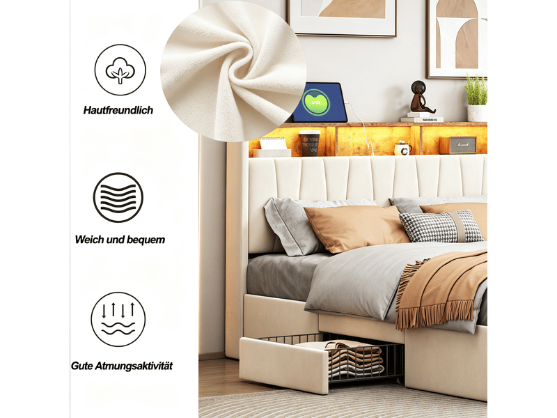  Structure de lit,antibou,140x190 cm,led,avec 4 tiroirs,tissu en lin,cadre de lit 140x190 cm,beige  - Conforama D