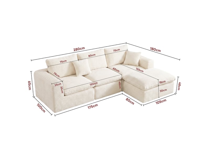 Canapé d’angle modulable 4 places 280 cm, 3-en-1, sans cadre rigide, mousse et ressorts, couchage d’appoint, velours côtelé, beige Morn Vibe - Conforama E