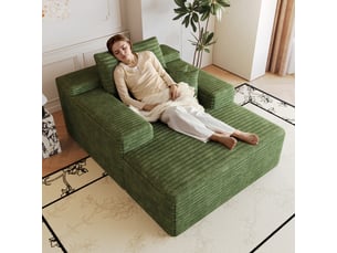 Canapé en velours côtelé vert, méridienne 1 place confortable avec assise profonde en mousse, module sans montage pour salon, 115x159cm.