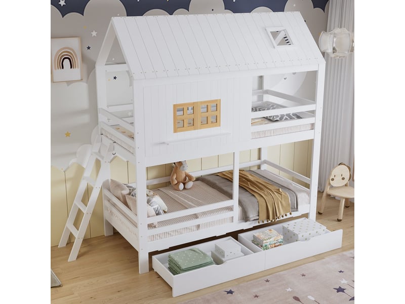 Lit superposé90x200cm - maison avec toit et fenêtre, 2 grands tiroirs - lit superposé enfant - bois de pin massif, design scandinave  - Conforama B