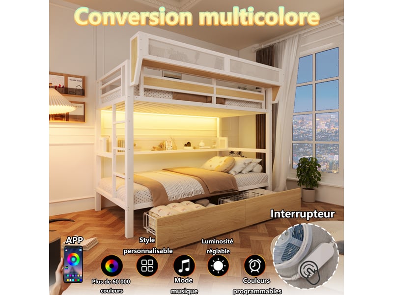 Lit superposé 90 x 200 cm en métal blanc avec 2 tiroirs, étagère, panier de rangement et éclairage led intégré - Conforama E