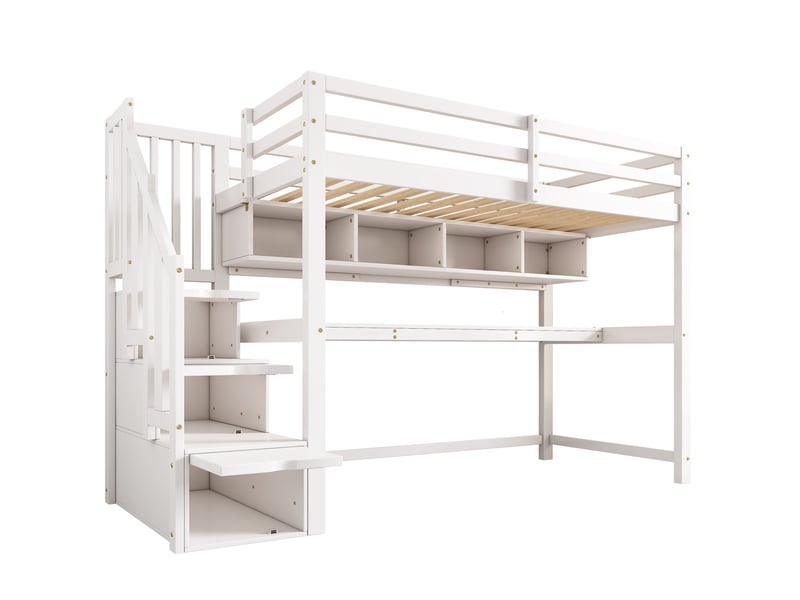Lit mezzanine enfant,90x200 cm,avec bureau et rangement,bois et mdf,blanc - Conforama D