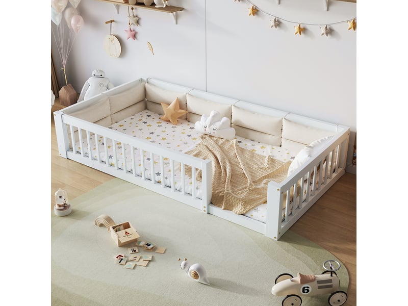 Lit enfant 90x200 cm, lit simple avec barrières de sécurité, coussins rembourrés, sommier, pin + mdf, blanc sans matelas  - Conforama E