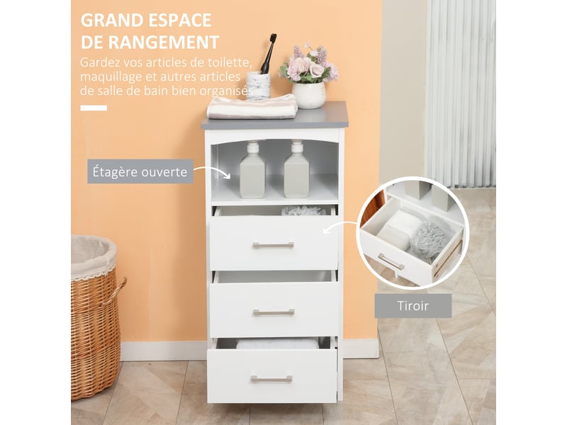  Meuble de salle de bain sur pied meuble de rangement avec 3 tiroirs et 1 niche 40 x 33 x 80 cm blanc  - Conforama D