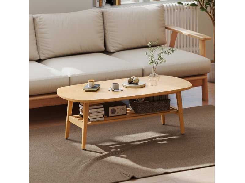  Table basse ovale avec étagère ouverte, bords biseautés, pour salon, en bois d’ingénierie naturel, 120 × 60 × 42 cm  - Conforama B