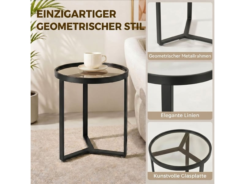  Table d'appoint plateau rond en verre trempé piètement métallique géométrique format compact coloris noir  - Conforama E