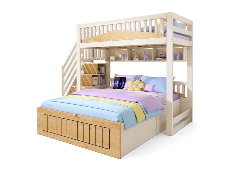  Lit superposé décalé 90x200 et 140x200 cm avec rangement blanc et naturel  - Conforama A
