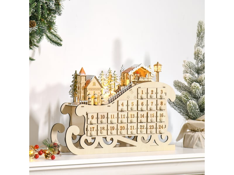  Calendrier de l'avent en bois lumineux frome de traineau - 10 lumières blanc chaud - 24 tiroirs - décoration lumineuse de noël  - Conforama D