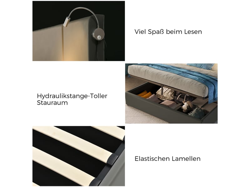  Lit double capitonné 180x200 cm,lit coffre hydraulique,liseuse led avec port usb,tête de lit rembourrée,cuir pu,sans matelas,gris  - Conforama D