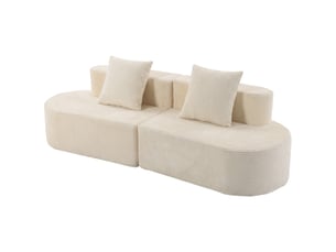 Canapé 3 places incurvé, velours côtelé 245cm, canapé salon, assise profonde, 2 coussins, compressé sans montage, crème