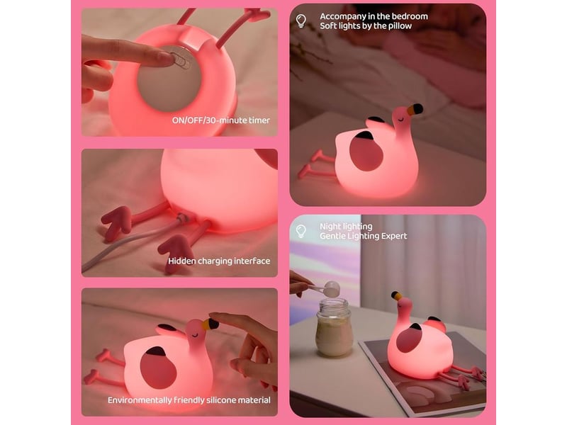  Veilleuse enfant flamant rose – lampe led dimmable, rechargeable, silicone doux, cadeau bébé, décoration chambre  - Conforama D