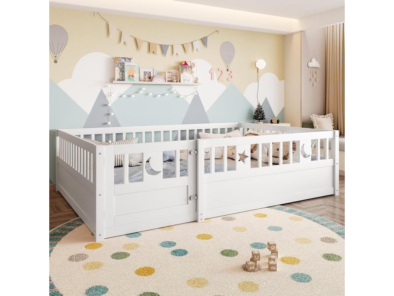 Lit enfant 140x190cm en bois pin, barrière sécurité verrouillable, décoration étoiles lune, sans sommier lattes, blanc - Conforama B