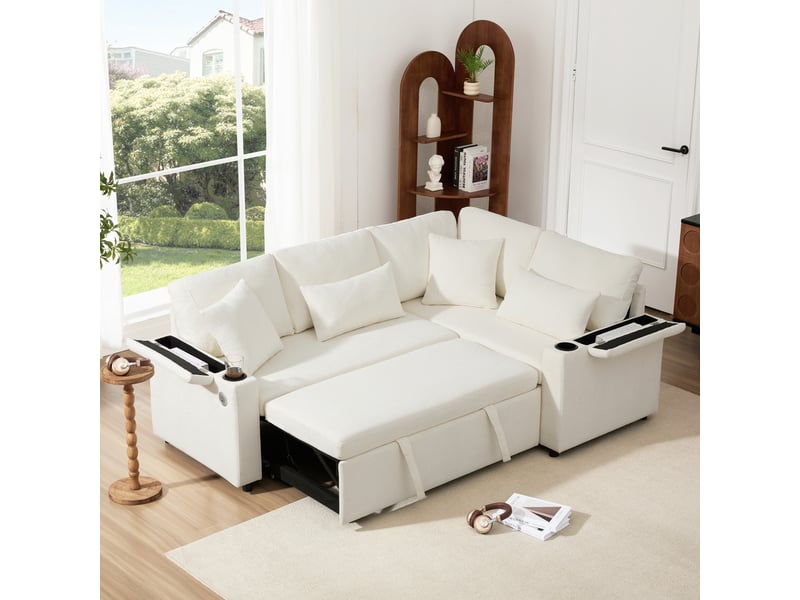 Canapé d'angle droit convertible 4 places tissu beige coffre de rangement canapé d'angle beige - Conforama B