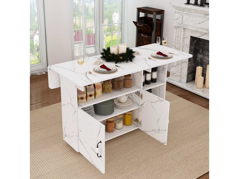 Table de bar pliable - 110x70x80 cm effet marbre blanc - desserte mobile multifonctionnelle avec 5 étagères et roulettes - Conforama E