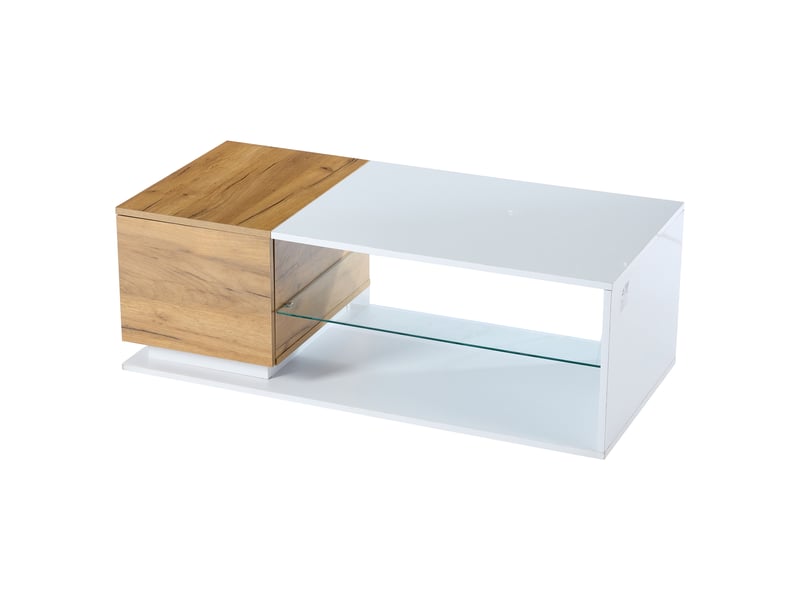  Table basse led avec contrôle par application, table de salon avec espace de rangement, 105x50x36cm, blanc et chêne.  - Conforama E