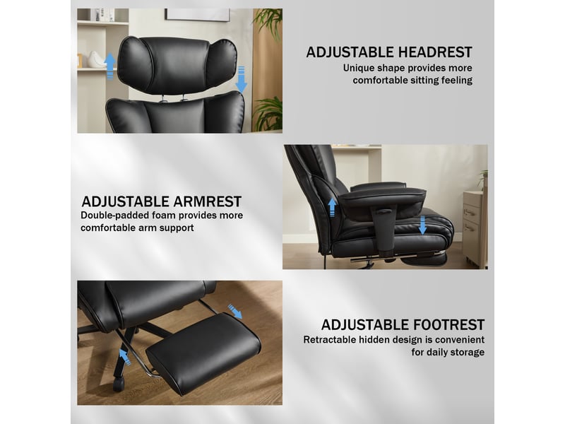  Chaise de bureau inclinable 90 à 130° avec soutien lombaire réglable - lpospi - dossier haut en cuir synthétique noir  - Conforama E
