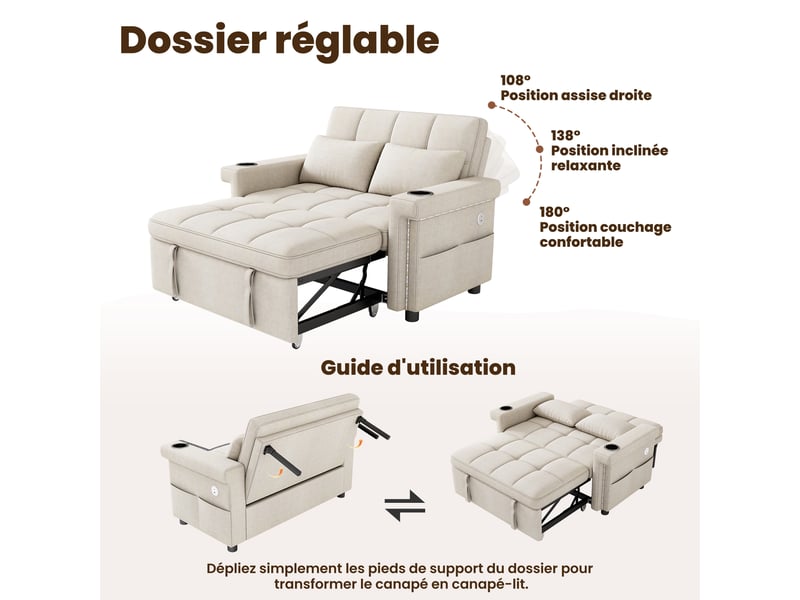  Canapé convertible 2 places 145x141,5x90 cm avec couchage, led, usb type-c, dossier ajustable, coussins, porte-gobelet, poche, chenille, beige  - Conforama E