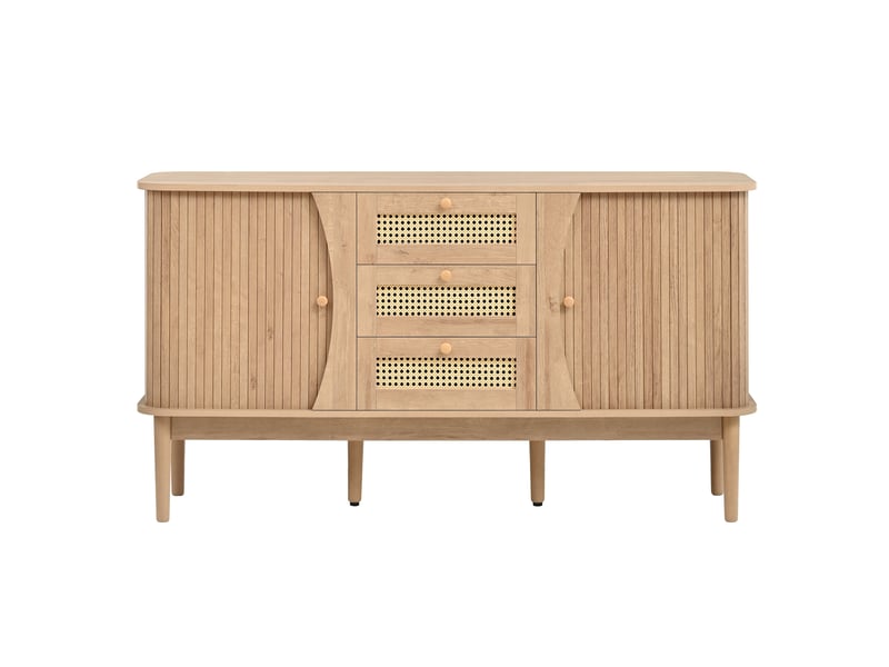 Buffet 141 x 40 x 77 cm, commode avec portes coulissantes, étagères réglables et plateau aux angles arrondis, décor rotin naturel ABC - Conforama A