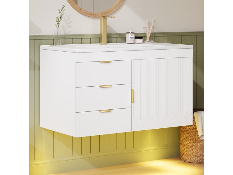 Meuble sous-vasque suspendu avec led pilotée par application - lpospi - 2 tiroirs mdf blanc 77 × 47 × 51 cm - Conforama B