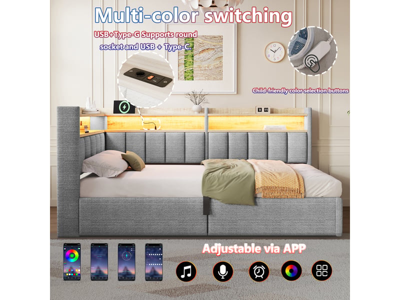  Lit banquette 90x200 cm gris en velours avec rangement hydraulique, led, usb et meuble latéral montable à gauche ou à droite Morn Vibe - Conforama D