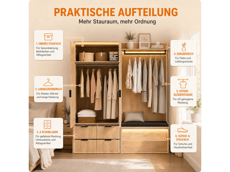  Vestiaire d'entrée complet avec miroir et led 180x47x200 cm - 2 penderies 4 tiroirs  - Conforama R