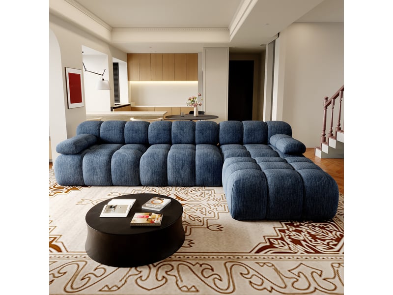  Canapé d'angle en l 300 cm, sans montage, mousse compressée, pour salon, chambre et appartement, bleu  - Conforama C