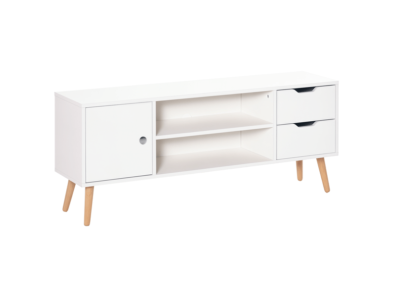  Meuble tv banc tv style scandinave placard 2 niches 2 tiroirs passe-fils panneaux particules blanc pin bois  - Conforama B