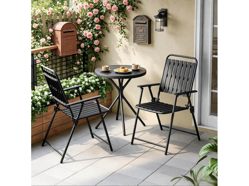 Salon de jardin 3 pièces pliant avec table ronde en verre et 2 chaises noires  - Conforama E