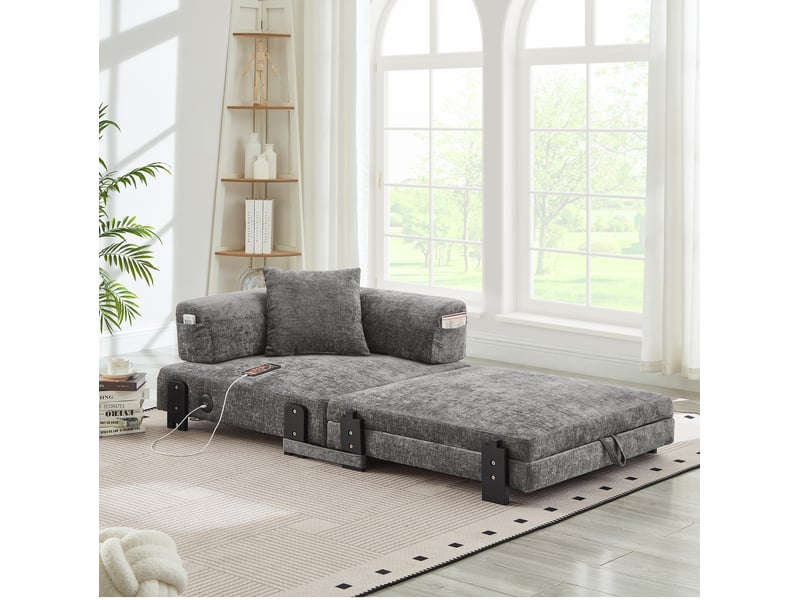  Canapé-lit pliable modenvie 1 place 2 en 1 avec fonction couchage, ports usb et type-c, rangements, tissu gris foncé  - Conforama B