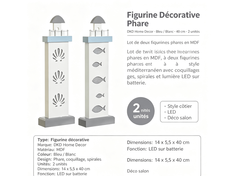  Figurine décorative phare dkd home decor bleu blanc 40 cm 2 unités S3042314 - Conforama E