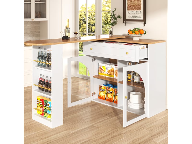 Meuble bar extensible avec 3 étagères latérales, portes en verre et fonction pivotante pour salon, 138 × 39 × 104 cm - Conforama B