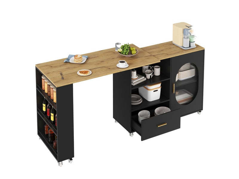  Îlot de cuisine 120-180x60x90 cm plateau pivotant 360° coloris naturel et noir  - Conforama A