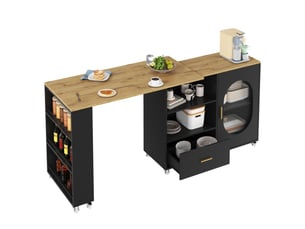 Îlot de cuisine 120-180x60x90 cm plateau pivotant 360° coloris naturel et noir
